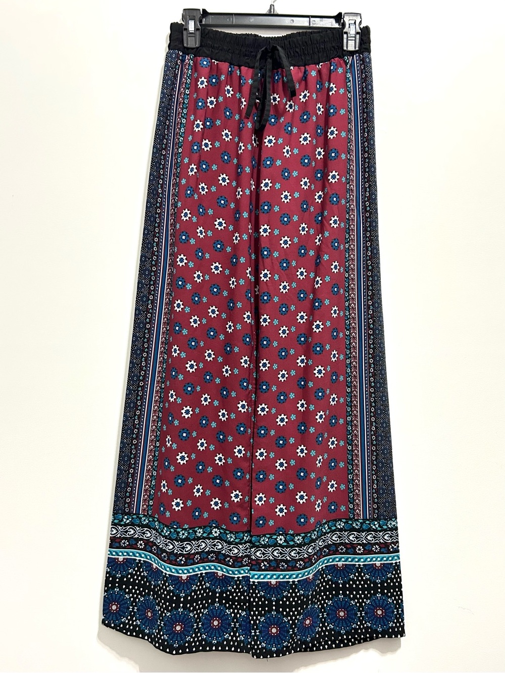 BeBop Women’s Burgundy Wide Leg Pants with Navy and White Floral Accent